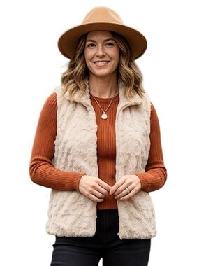 Andrea Faye Cream Soft Faux Fur Full Zip Vest Jacket Cinchback Size XL